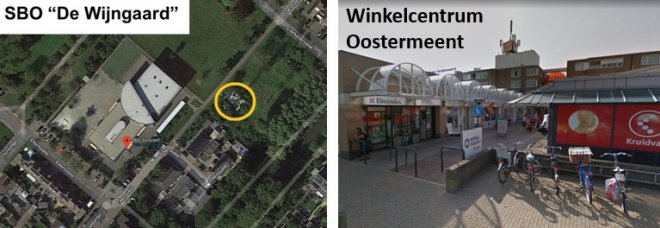 Twee van de knelpunten: zendmast pal naast school voor speciaal onderwijs en antenne-cluster midden in winkelcentrum